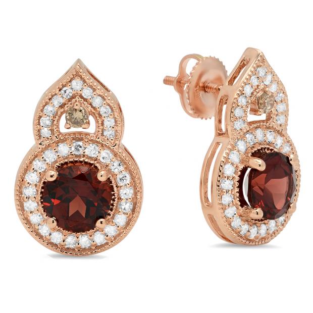 3.35 Carat (ctw) 14K Rose Gold Round Garnet Champagne & White Diamond Ladies Halo Style Drop Earrings
