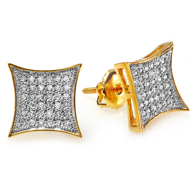 0.20 Carat (ctw) 14K Yellow Gold White Real Diamond Kite Shape Mens Hip Hop Iced Stud Earrings 1/5 CT