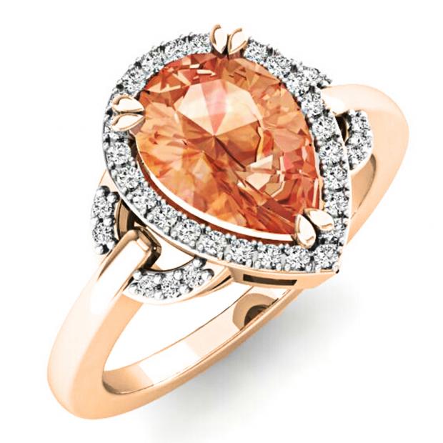 2.10 Carat (ctw) 14K Rose Gold Pear Cut Morganite & Round Cut White Diamond Ladies Bridal Halo Engagement Ring
