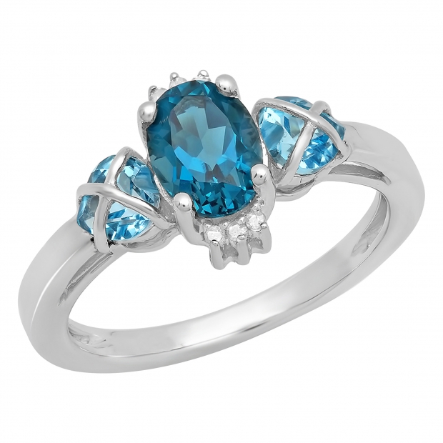 1.65 Carat (ctw) Sterling Silver Center Oval Cut London Blue Topaz & Side Heart Cut Swiss Blue Topaz & Round Cut White Diamond Ladies 3 Stone Bridal Engagement Ring