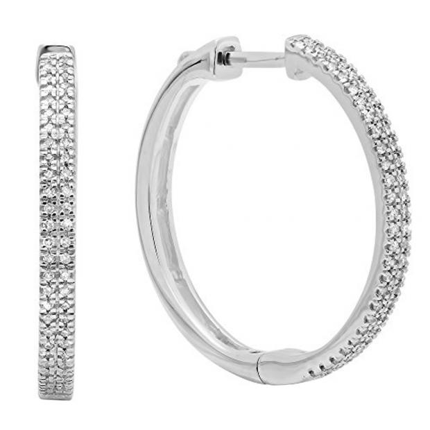 0.25 Carat (ctw) 10K White Gold Round Cut White Diamond Ladies Micro Pave Hoop Earrings 1/4 CT