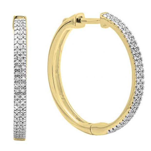 0.25 Carat (ctw) 14K Yellow Gold Round Cut White Diamond Ladies Micro Pave Hoop Earrings 1/4 CT