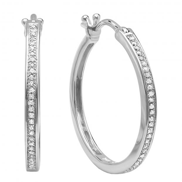 0.20 Carat (ctw) Sterling Silver Round White Diamond Ladies Hoop Earrings 1/5 CT