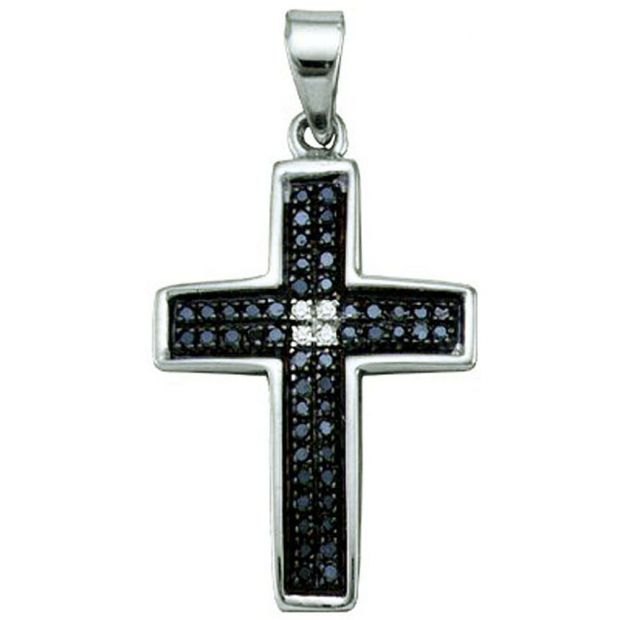 0.17 Carat (ctw) Sterling Silver Round Cut Black & White Diamond Ladies Cross Charm Pendant