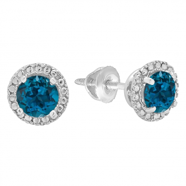 1.00 Carat (ctw) 10K White Gold Round London Blue Topaz Ladies Halo Style Stud Earrings 1 CT