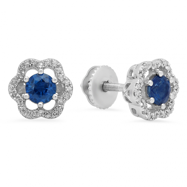 0.90 Carat (ctw) 10K White Gold Round Cut Blue Sapphire & White Diamond Ladies Flower Shape Cluster Fashion Stud Earrings