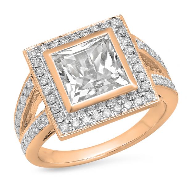 3.70 Carat (ctw) 10K Rose Gold Princess Cut White Sapphire & Round Cut White Diamond Ladies Halo Style Split Shank Bridal Engagement Ring