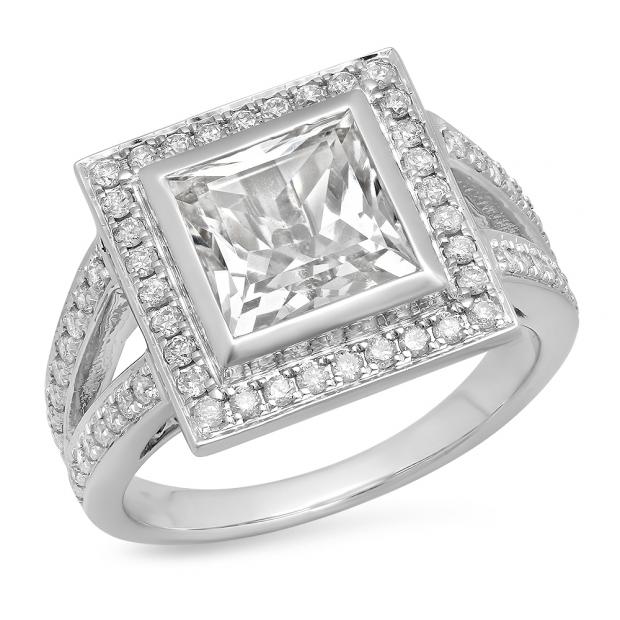 3.70 Carat (ctw) 10K White Gold Princess Cut White Sapphire & Round Cut White Diamond Ladies Halo Style Split Shank Bridal Engagement Ring