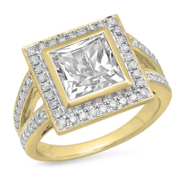 3.70 Carat (ctw) 10K Yellow Gold Princess Cut White Sapphire & Round Cut White Diamond Ladies Halo Style Split Shank Bridal Engagement Ring