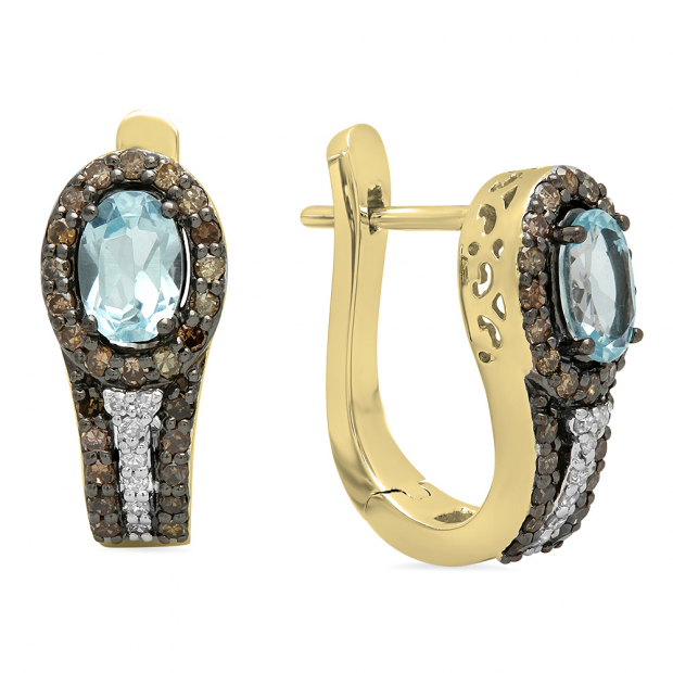 1.60 Carat (ctw) 18K Yellow Gold Oval Cut Blue Topaz & Round Cut Champagne & White Diamond Ladies Halo Style Hoop Earrings
