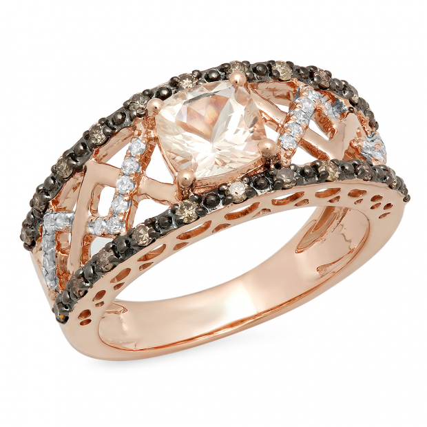 1.25 Carat (ctw) 18K Rose Gold Cushion Cut Morganite & Round Cut Champagne & White Diamond Ladies Bridal Fashion Engagement Ring 1 1/4 CT