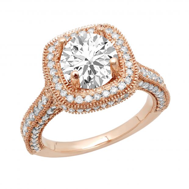 1.45 Carat (ctw) 10K Rose Gold Round Cut White Diamond Ladies Swirl Bridal Split Shank Halo Engagement Ring With Matching Band Set 1 CT