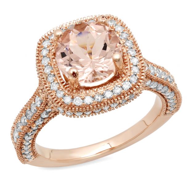 2.40 Carat (ctw) 18K Rose Gold Round Cut Morganite & White Diamond Ladies Milgrain Halo Style Bridal Engagement Ring