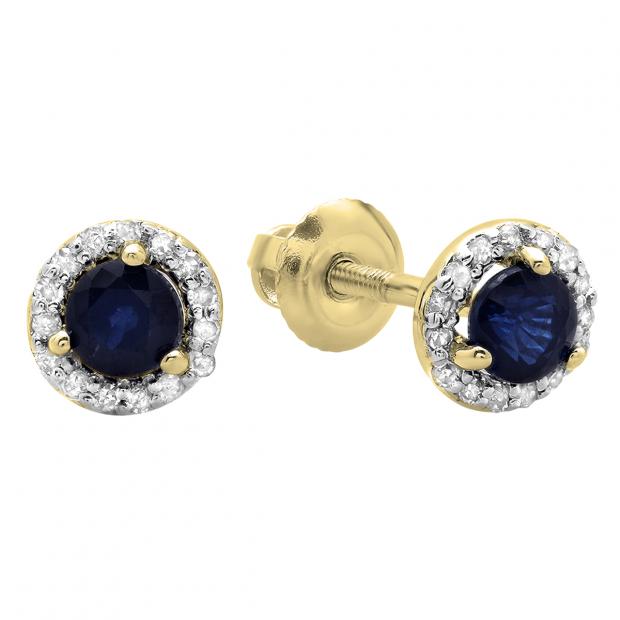 0.45 Carat (ctw) 10K Yellow Gold Round Blue Sapphire & White Diamond Ladies Halo Style Stud Earrings 1/2 CT