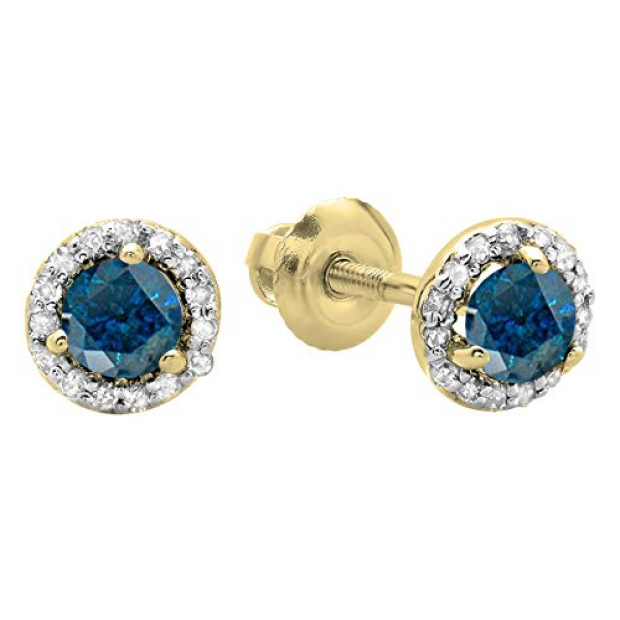 0.45 Carat (ctw) 18K Yellow Gold Round Blue & White Diamond Ladies Halo Style Stud Earrings 1/2 CT
