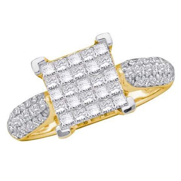 1.00 Carat (ctw) 18K Yellow Gold Princess & Round Cut White Diamond Ladies Bridal Invisible Set Engagement Ring 1 CT