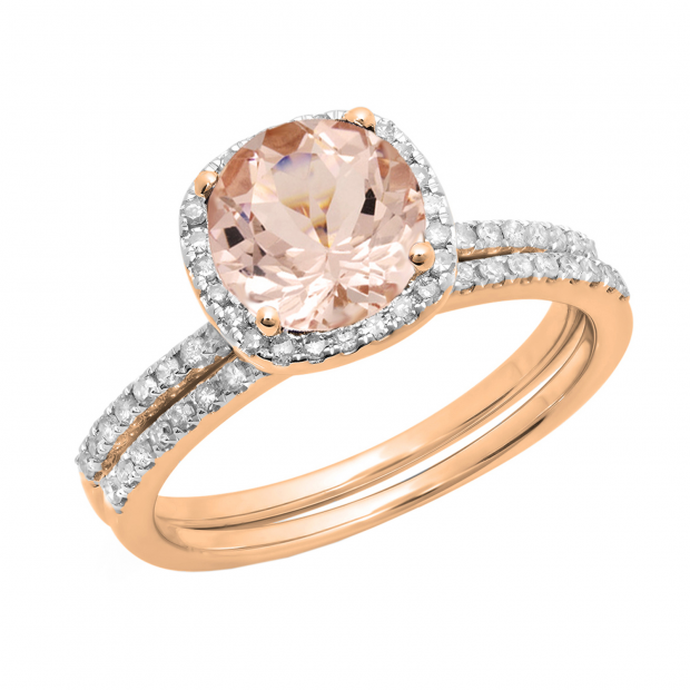 1.05 Carat (ctw) 10K Rose Gold Round Cut Morganite & White Diamond Ladies Bridal Halo Engagement Ring With Matching Band Set 1 CT