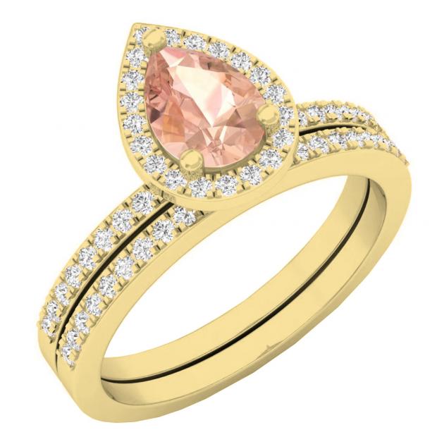 18K Yellow Gold 7X5 MM Pear Morganite & Round Diamond Ladies Bridal Engagement Ring With Band Set