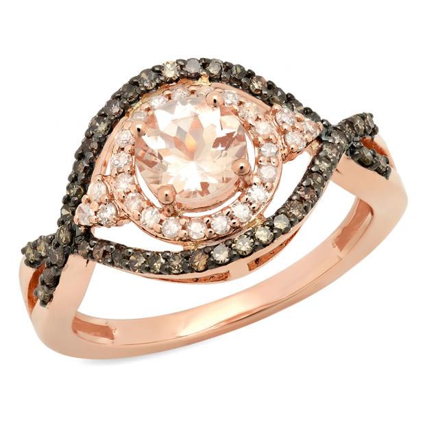 1.25 Carat (ctw) 10K Rose Gold Round Cut Morganite Champagne & White Diamond Ladies Bridal Swirl Split Shank Halo Style Engagement Ring 1 1/4 CT