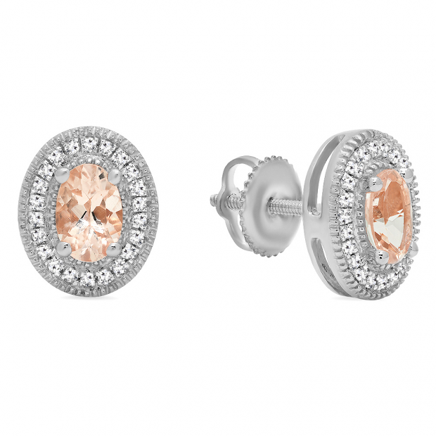 0.85 Carat (ctw) Sterling Silver Oval Cut Morganite & Round Cut White Diamond Ladies Halo Stud Earrings