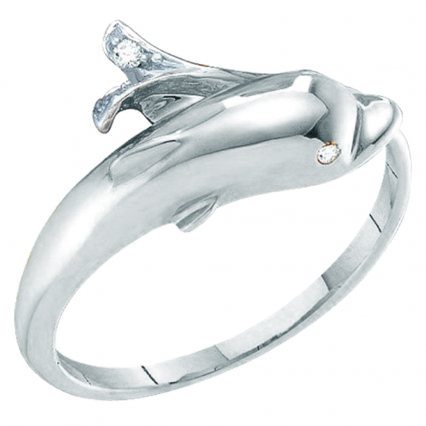 0.02 Carat (ctw) 18K White Gold Round Cut White Diamond Ladies Dolphin Right Hand Ring
