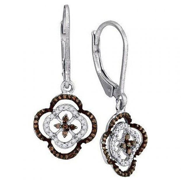 0.45 Carat (ctw) 10K White Gold Round Cognac & White Diamond Ladies Cluster Style Flower Dangling Earrings 1/2 CT