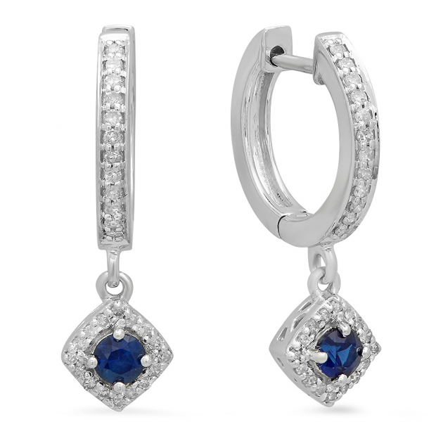 0.50 Carat (ctw) 14K White Gold Round Blue Sapphire & White Diamond Ladies Halo Style Dangling Drop Earrings 1/2 CT