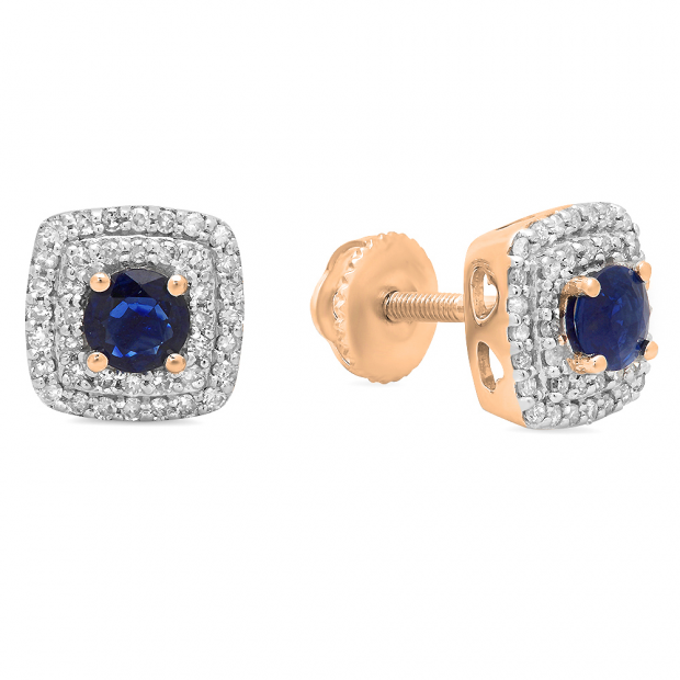 0.95 Carat (ctw) 10K Rose Gold Round Cut Blue Sapphire & White Diamond Ladies Halo Style Stud Earrings 1 CT