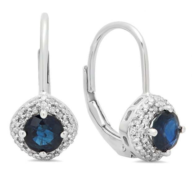 1.25 Carat (ctw) 14K White Gold Round Blue Sapphire & White Diamond Ladies Halo Style Dangling Drop Earrings 1 1/4 CT