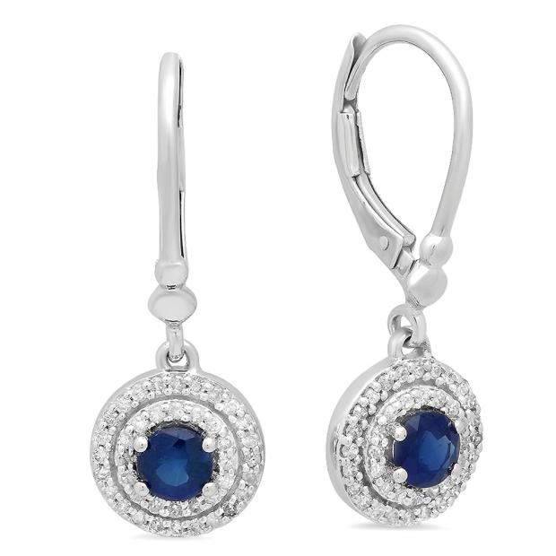 1.00 Carat (ctw) 10K White Gold Round Blue Sapphire & White Diamond Ladies Double Halo Circle Dangling Drop Earrings 1 CT