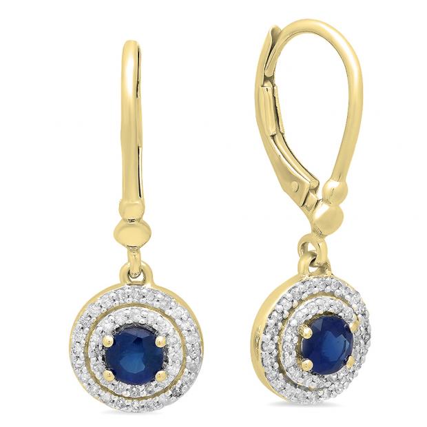 1.00 Carat (ctw) 10K Yellow Gold Round Blue Sapphire & White Diamond Ladies Halo Style Circle Dangling Drop Earrings 1 CT