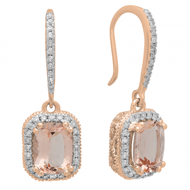 2.90 Carat (ctw) 10K Rose Gold Cushion Cut Morganite & Round Cut White Diamond Ladies Halo Style Dangling Drop Earrings