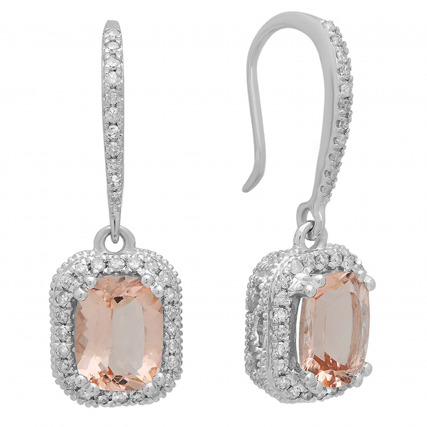 2.90 Carat (ctw) 10K White Gold Cushion Cut Morganite & Round Cut White Diamond Ladies Halo Style Dangling Drop Earrings