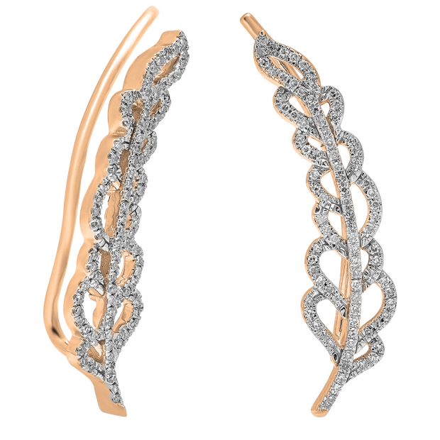 0.35 Carat (ctw) 10K Rose Gold Round Cut White Diamond Ladies Leaves Ear Cuff Crawler Climber Earrings 1/3 CT