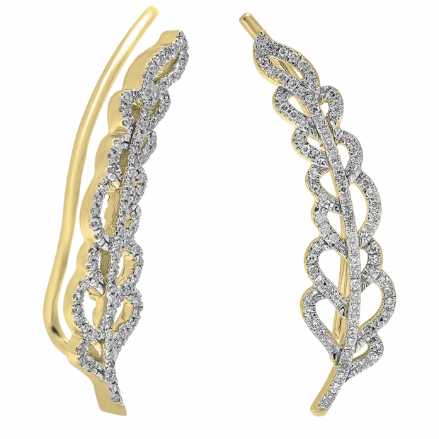 0.35 Carat (ctw) 10K Yellow Gold Round Cut White Diamond Ladies Leaves Ear Cuff Crawler Climber Earrings 1/3 CT