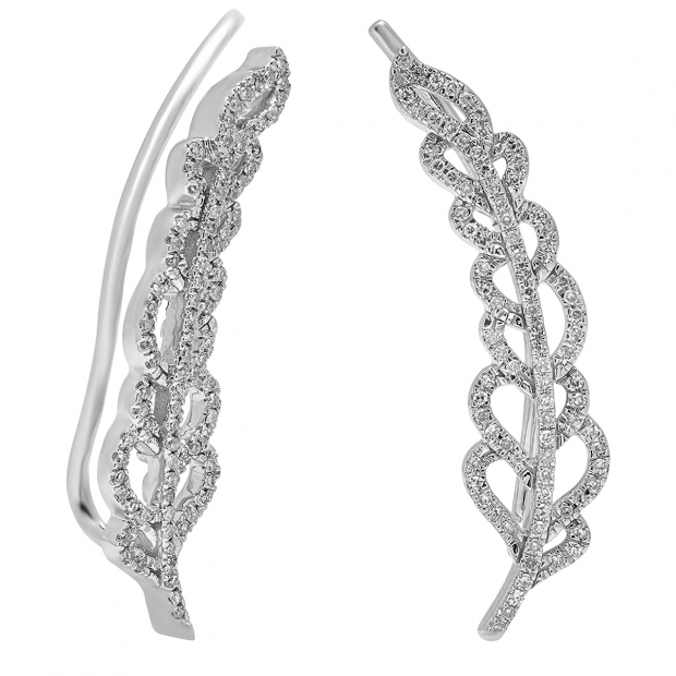 0.35 Carat (ctw) 14K White Gold Round Cut White Diamond Ladies Leaves Ear Cuff Crawler Climber Earrings 1/3 CT