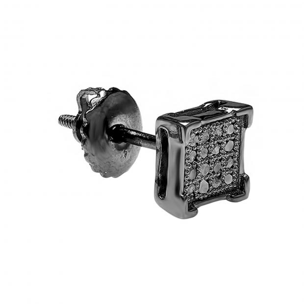 0.03 Carat (ctw) Black Rhodium Plated Sterling Silver Round Black Diamond V-Prong Square Shape Mens Hip Hop Iced Stud Earring(1PC ONLY)