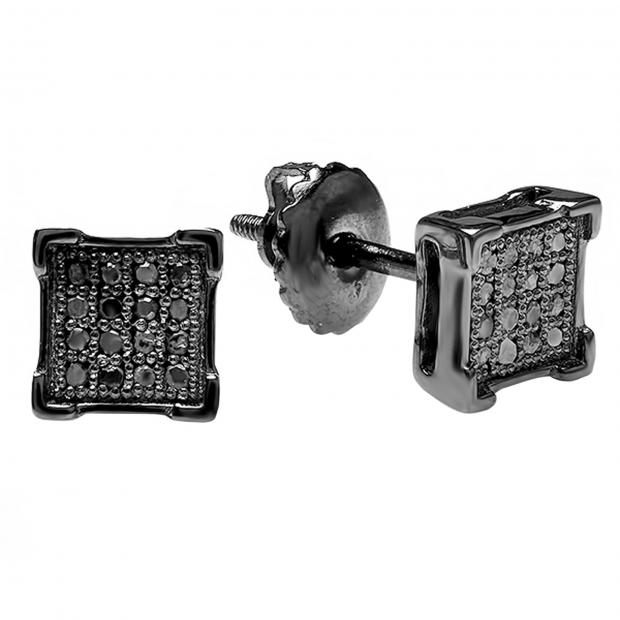 0.07 Carat (ctw) Black Rhodium Plated Sterling Silver Round Black Diamond V-Prong Square Shape Mens Hip Hop Iced Stud Earrings