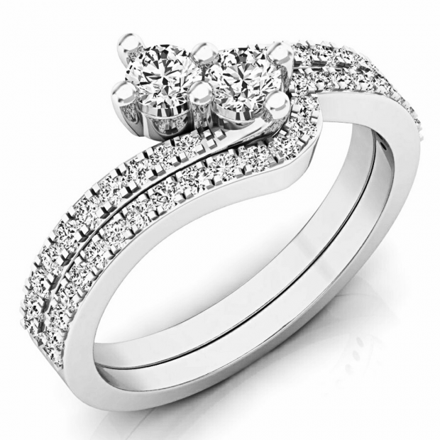 0.70 Carat (ctw) 14K White Gold Round White Diamond Ladies Two Stone Bypass Style Bridal Engagement Ring Set