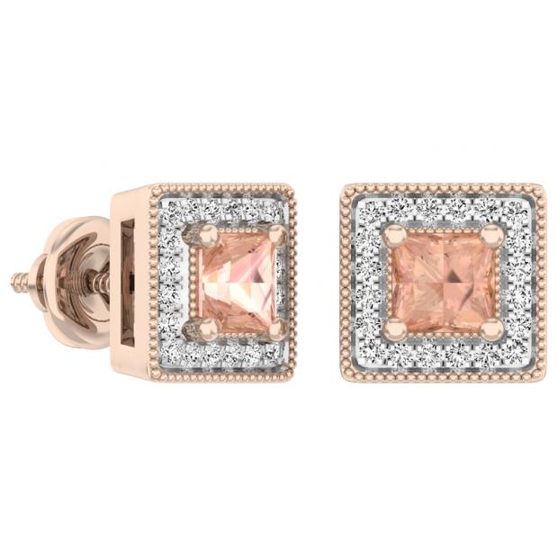 0.75 Carat (ctw) Rose Gold Plated Sterling Silver Princess Cut Morganite & Round Cut White Diamond Ladies Halo Style Stud Earrings 3/4 CT