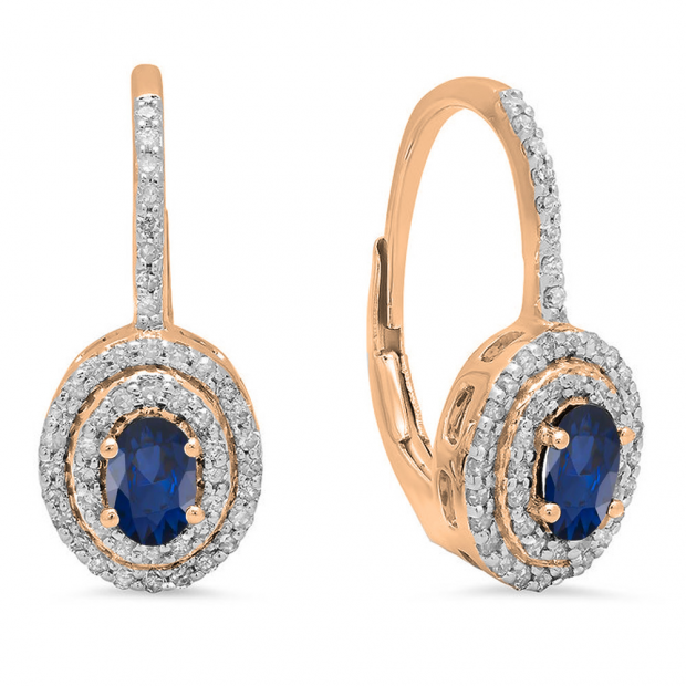 1.00 Carat (ctw) 10K Rose Gold Oval Cut Blue Sapphire & Round Cut White Diamond Ladies Halo Style Dangling Drop Earrings 1 CT