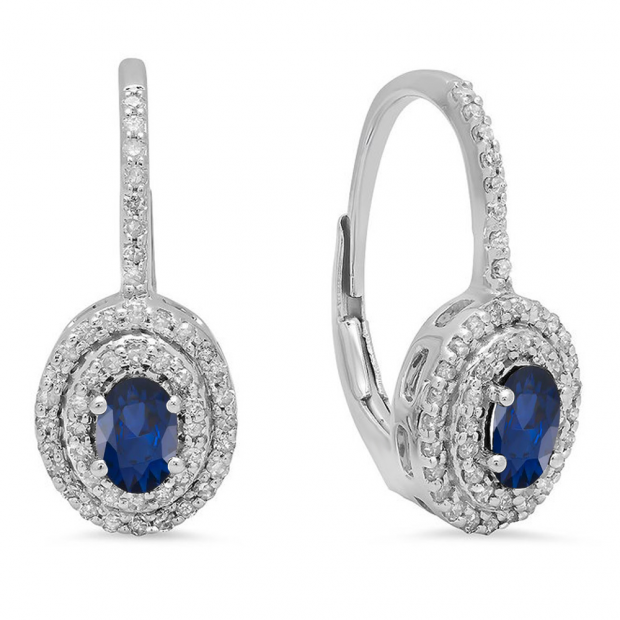 1.00 Carat (ctw) 10K White Gold Oval Cut Blue Sapphire & Round Cut White Diamond Ladies Halo Style Dangling Drop Earrings 1 CT