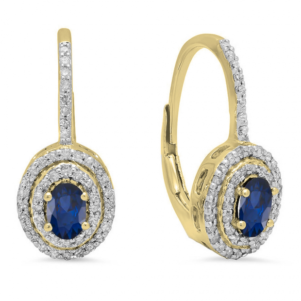 1.00 Carat (ctw) 14K Yellow Gold Oval Cut Blue Sapphire & Round Cut White Diamond Ladies Halo Style Dangling Drop Earrings 1 CT