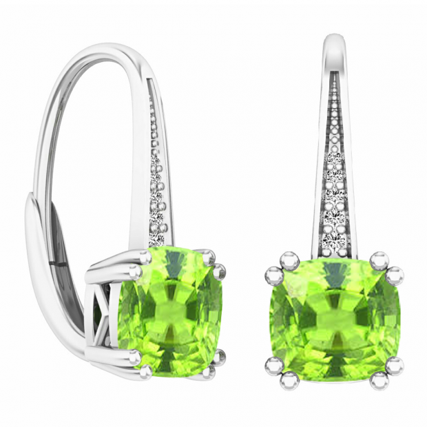 2.05 Carat (ctw) 14K White Gold Cushion Cut Peridot & Round Cut White Diamond Ladies Dangling Drop Earrings 1 CT