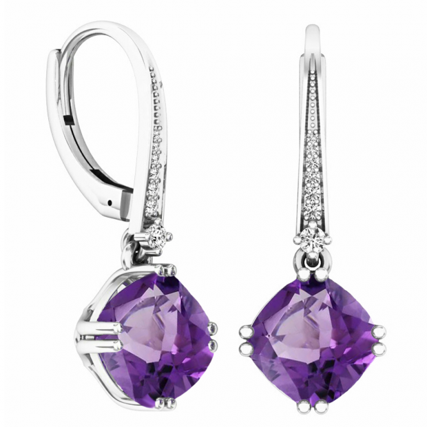 4.10 Carat (ctw) 10K White Gold Cushion Cut Amethyst & Round Cut White Diamond Ladies Dangling Drop Earrings