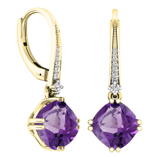 4.10 Carat (ctw) 10K Yellow Gold Cushion Cut Amethyst & Round Cut White Diamond Ladies Dangling Drop Earrings