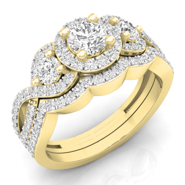 1.50 Carat (ctw) 10K Yellow Gold Round White Diamond Ladies 3 Stone Halo Split Shank Swirl Bridal Engagement Ring With Matching Band Set 1 1/2 CT