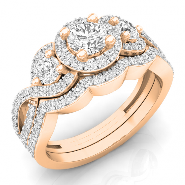 1.50 Carat (ctw) 14K Rose Gold Round White Diamond Ladies 3 Stone Halo Split Shank Swirl Bridal Engagement Ring With Matching Band Set 1 1/2 CT