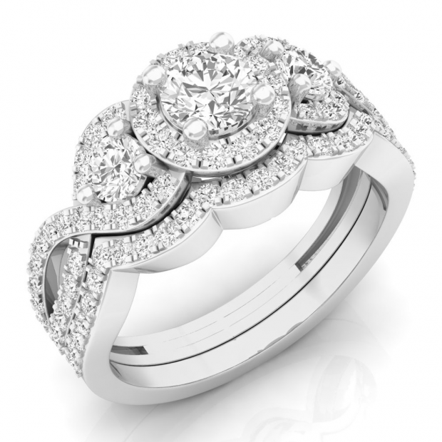 1.50 Carat (ctw) 18K White Gold Round White Diamond Ladies 3 Stone Halo Split Shank Swirl Bridal Engagement Ring With Matching Band Set 1 1/2 CT