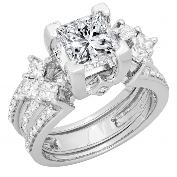 4.25 Carat (ctw) 14K White Gold Princess Cubic Zirconia & Princess & Round White Diamond Ladies Bridal Engagement Ring With Matching Band Set 4 1/4 CT